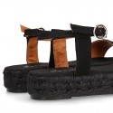 BLACK Cotton canvas women platform espadrille sandal shoes.