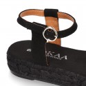 BLACK Cotton canvas women platform espadrille sandal shoes.