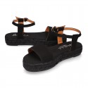 BLACK Cotton canvas women platform espadrille sandal shoes.