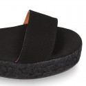 BLACK Cotton canvas women platform espadrille sandal shoes.