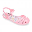 Girl Jelly ballet style shoes with buckle fastening and FLOWERS design for beach and pool use.