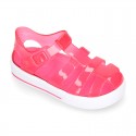 Tennis style kids jelly shoes with button and clip closure for Beach and Pool.