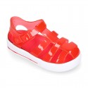 Tennis style kids jelly shoes with button and clip closure for Beach and Pool.