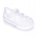 Tennis style kids jelly shoes with button and clip closure for Beach and Pool.