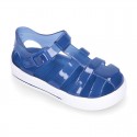 Tennis style kids jelly shoes with button and clip closure for Beach and Pool.