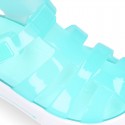 Tennis style kids jelly shoes with button and clip closure for Beach and Pool.