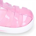 Tennis style kids jelly shoes with button and clip closure for Beach and Pool.