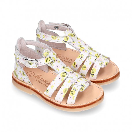 PINEAPPLE design Nappa leather Girl Sandal shoes crossed straps design with SUPER FLEXIBLE soles.