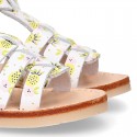 PINEAPPLE design Nappa leather Girl Sandal shoes crossed straps design with SUPER FLEXIBLE soles.