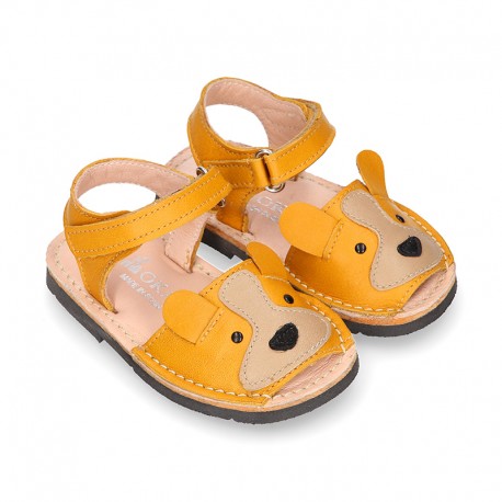 Little DOG design soft leather Menorquina sandals with hook and loop strap.