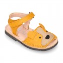 Little DOG design soft leather Menorquina sandals with hook and loop strap.