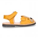 Little DOG design soft leather Menorquina sandals with hook and loop strap.