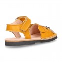 Little DOG design soft leather Menorquina sandals with hook and loop strap.