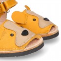 Little DOG design soft leather Menorquina sandals with hook and loop strap.