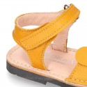 Little DOG design soft leather Menorquina sandals with hook and loop strap.