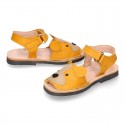 Little DOG design soft leather Menorquina sandals with hook and loop strap.