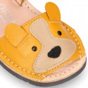 Little DOG design soft leather Menorquina sandals with hook and loop strap.