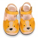 Little DOG design soft leather Menorquina sandals with hook and loop strap.