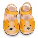 Little DOG design soft leather Menorquina sandals with hook and loop strap.