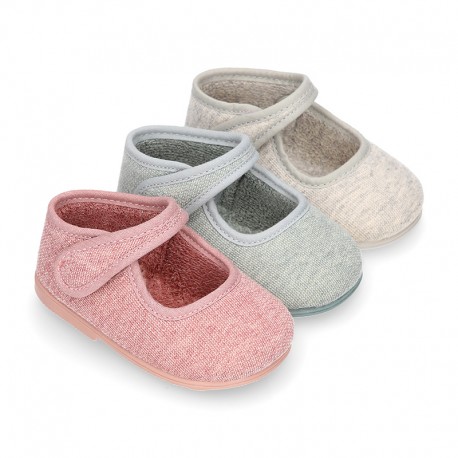 Pastel colors Knit Cotton canvas little Home Mary Jane shoes with hook and loop closure for babies.