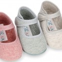 Pastel colors Knit Cotton canvas little Home Mary Jane shoes with hook and loop closure for babies.