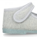 Pastel colors Knit Cotton canvas little Home Mary Jane shoes with hook and loop closure for babies.