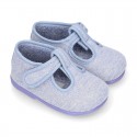 Pastel colors Knit Cotton canvas little Home T-Strap shoes with hook and loop closure for babies.