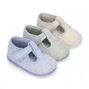 Pastel colors Knit Cotton canvas little Home T-Strap shoes with hook and loop closure for babies.