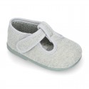 Pastel colors Knit Cotton canvas little Home T-Strap shoes with hook and loop closure for babies.