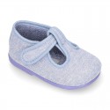 Pastel colors Knit Cotton canvas little Home T-Strap shoes with hook and loop closure for babies.