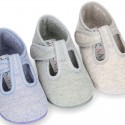 Pastel colors Knit Cotton canvas little Home T-Strap shoes with hook and loop closure for babies.