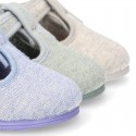 Pastel colors Knit Cotton canvas little Home T-Strap shoes with hook and loop closure for babies.