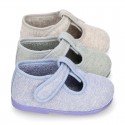 Pastel colors Knit Cotton canvas little Home T-Strap shoes with hook and loop closure for babies.