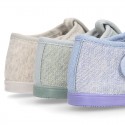 Pastel colors Knit Cotton canvas little Home T-Strap shoes with hook and loop closure for babies.