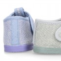 Pastel colors Knit Cotton canvas little Home T-Strap shoes with hook and loop closure for babies.