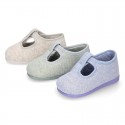 Pastel colors Knit Cotton canvas little Home T-Strap shoes with hook and loop closure for babies.