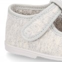 Pastel colors Knit Cotton canvas little Home T-Strap shoes with hook and loop closure for babies.