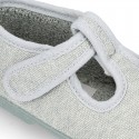 Pastel colors Knit Cotton canvas little Home T-Strap shoes with hook and loop closure for babies.