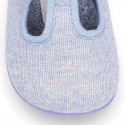 Pastel colors Knit Cotton canvas little Home T-Strap shoes with hook and loop closure for babies.