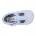 Pastel colors Knit Cotton canvas little Home T-Strap shoes with hook and loop closure for babies.