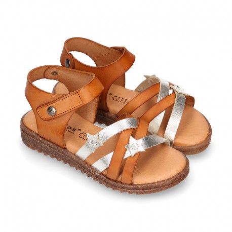 TAN leather girl sandals with hook and loop strap closure and gel insole.