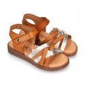 TAN leather girl sandals with hook and loop strap closure and gel insole.