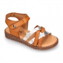 TAN leather girl sandals with hook and loop strap closure and gel insole.