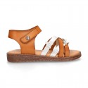 TAN leather girl sandals with hook and loop strap closure and gel insole.