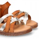 TAN leather girl sandals with hook and loop strap closure and gel insole.