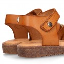 TAN leather girl sandals with hook and loop strap closure and gel insole.