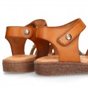 TAN leather girl sandals with hook and loop strap closure and gel insole.