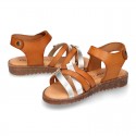 TAN leather girl sandals with hook and loop strap closure and gel insole.