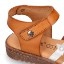 TAN leather girl sandals with hook and loop strap closure and gel insole.