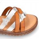 TAN leather girl sandals with hook and loop strap closure and gel insole.